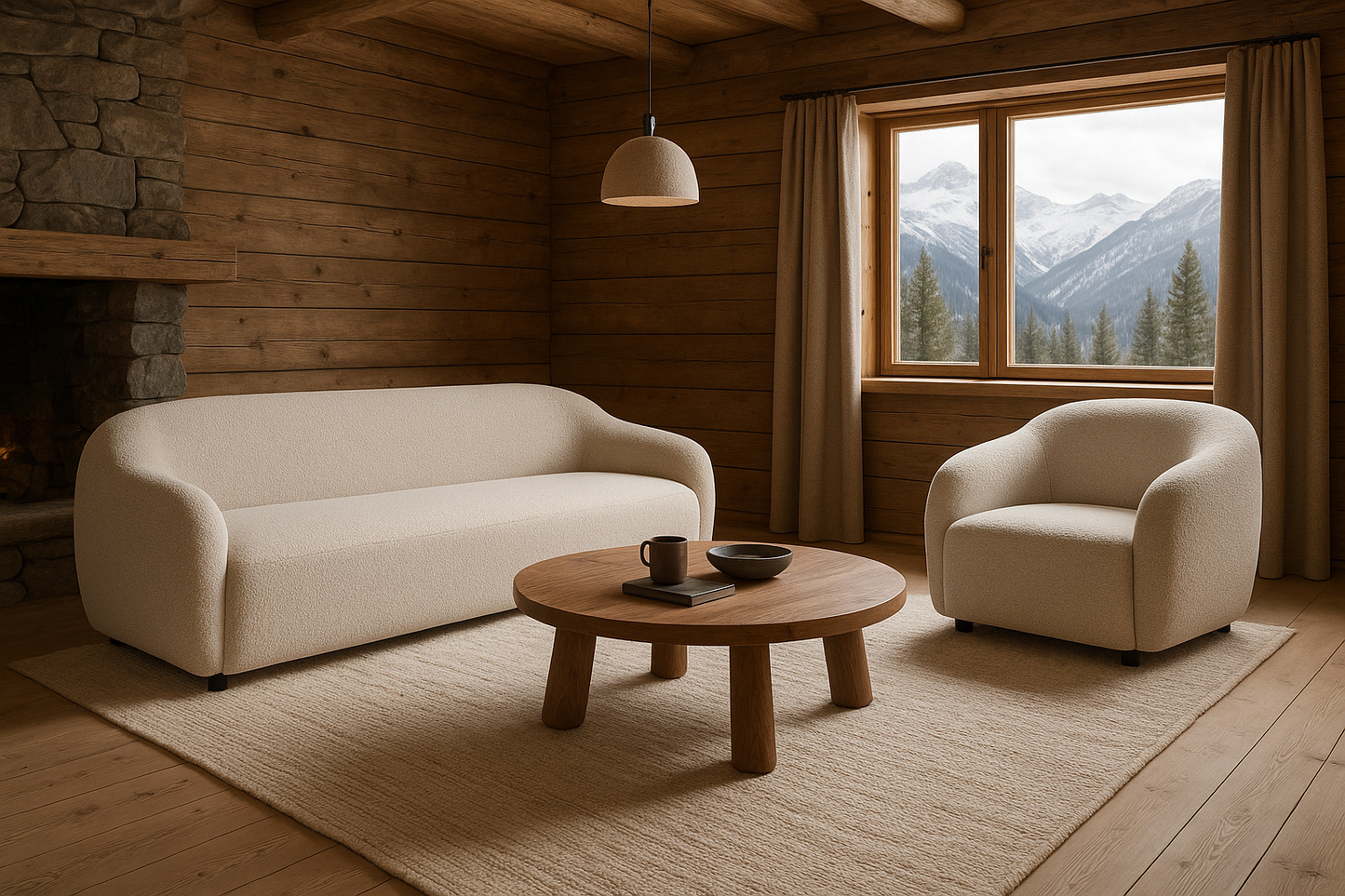 Cozy living room with a white sofa, armchair, and wooden coffee table, featuring a window with a mountain view.