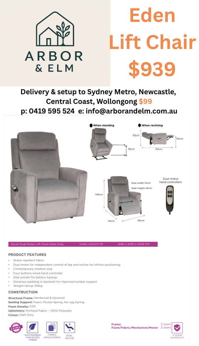 Eden Fabric Dual Motor Lift Chair | Colour - Dark Grey