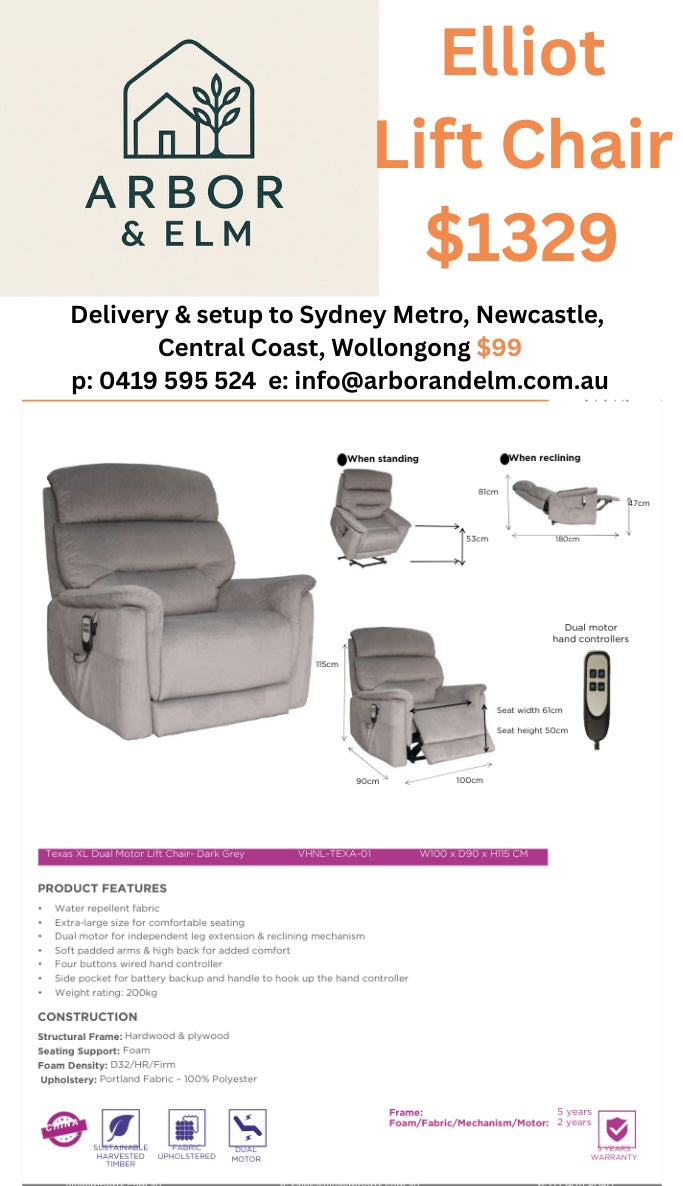 Elliot Fabric Dual Motor Lift Chair | Colour – Dark Grey | Extra Large
