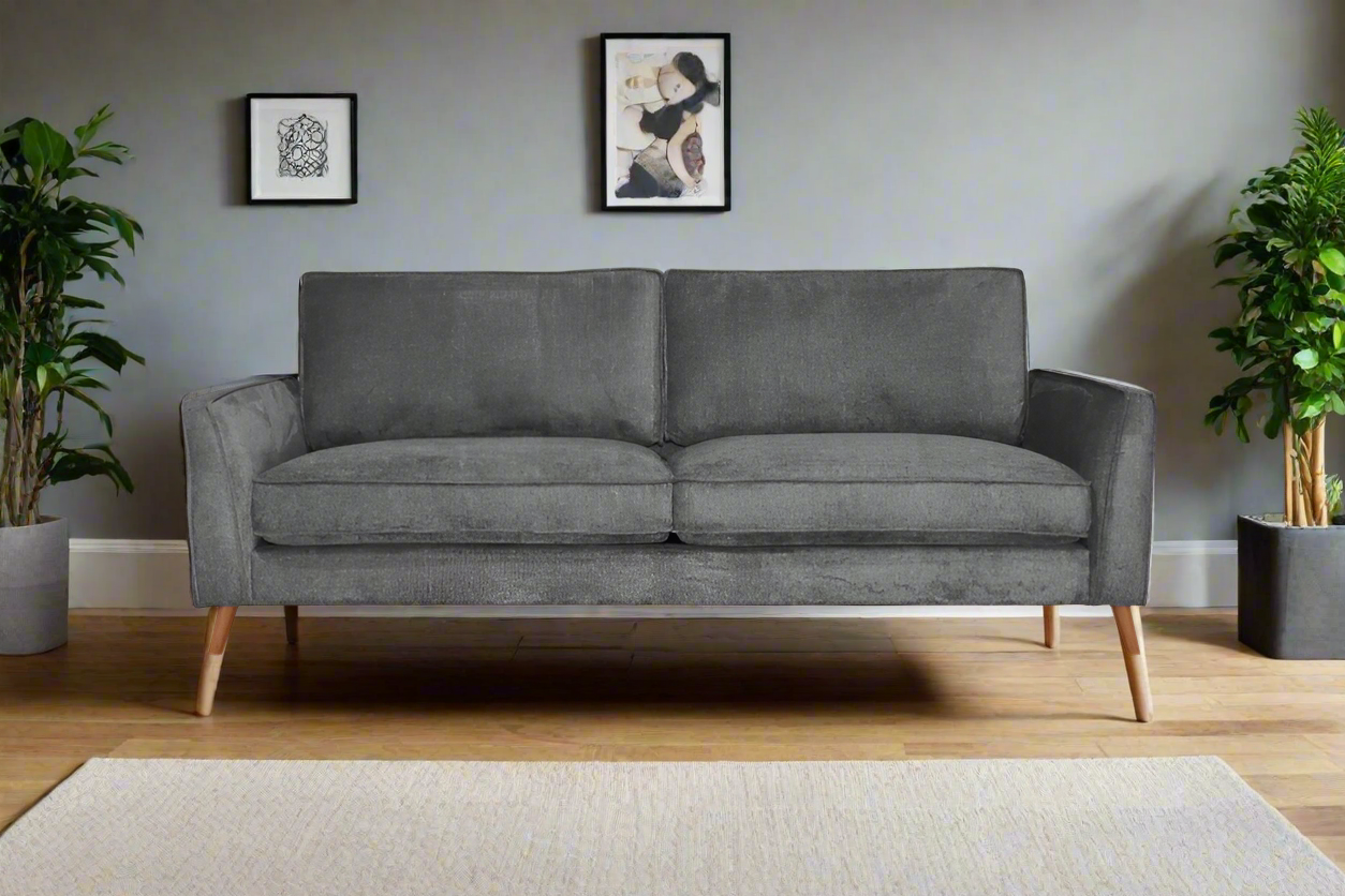 Hjem Anthracite Fabric Sofa – Modern Mid-Century 3-Seater Couch with Wooden Legs- Anthracite