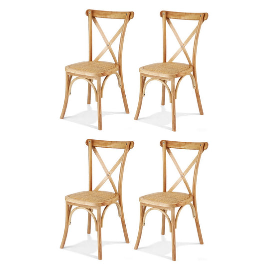 Four wooden chairs with cross-back design