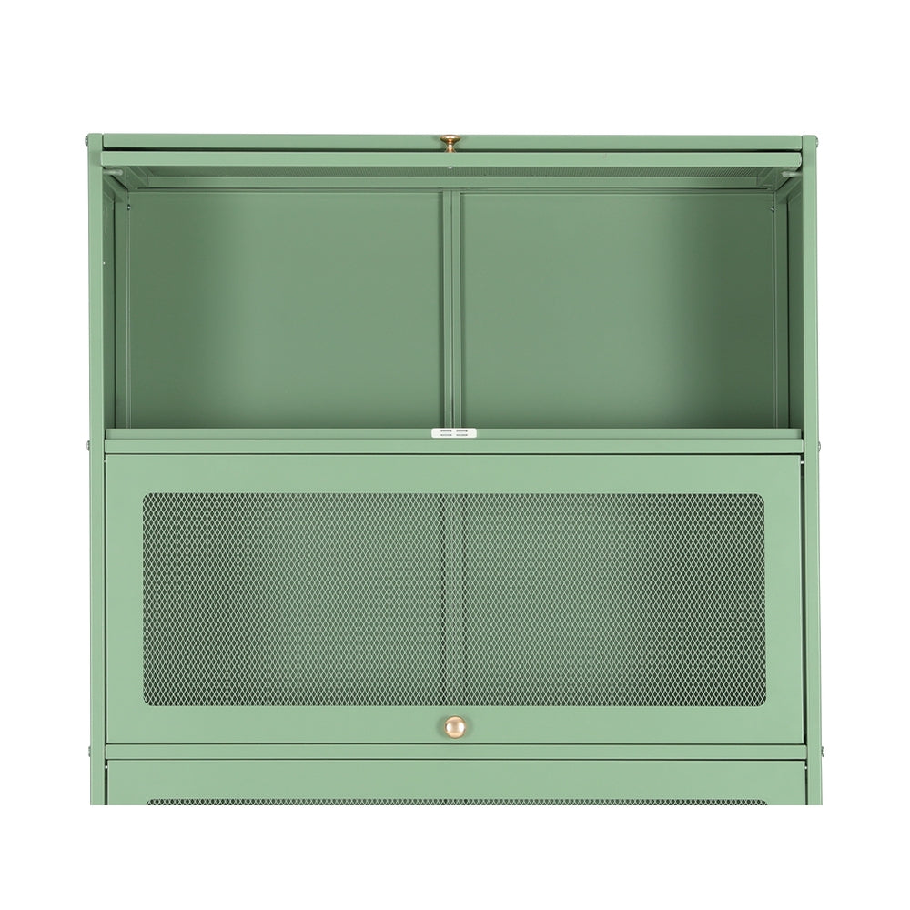 Green metal storage cabinet with mesh door