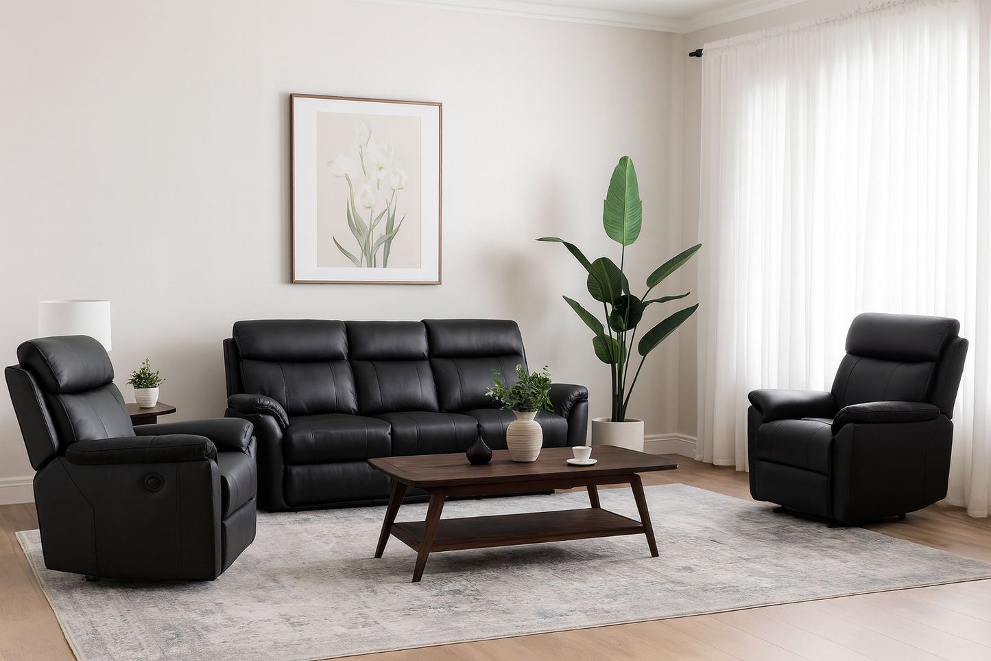 Everett Leather Recliner Sofa Set | Black | 3-Seater Recliner Lounge + 2 Recliner Chairs