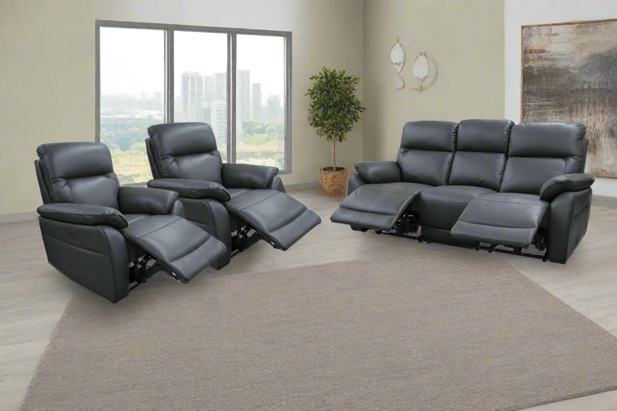 Vantage Graphite Leather Recliner Lounge Suite – 3-Seater + 2 Single Recliners | Premium Comfort Collection | by Arbor & Elm