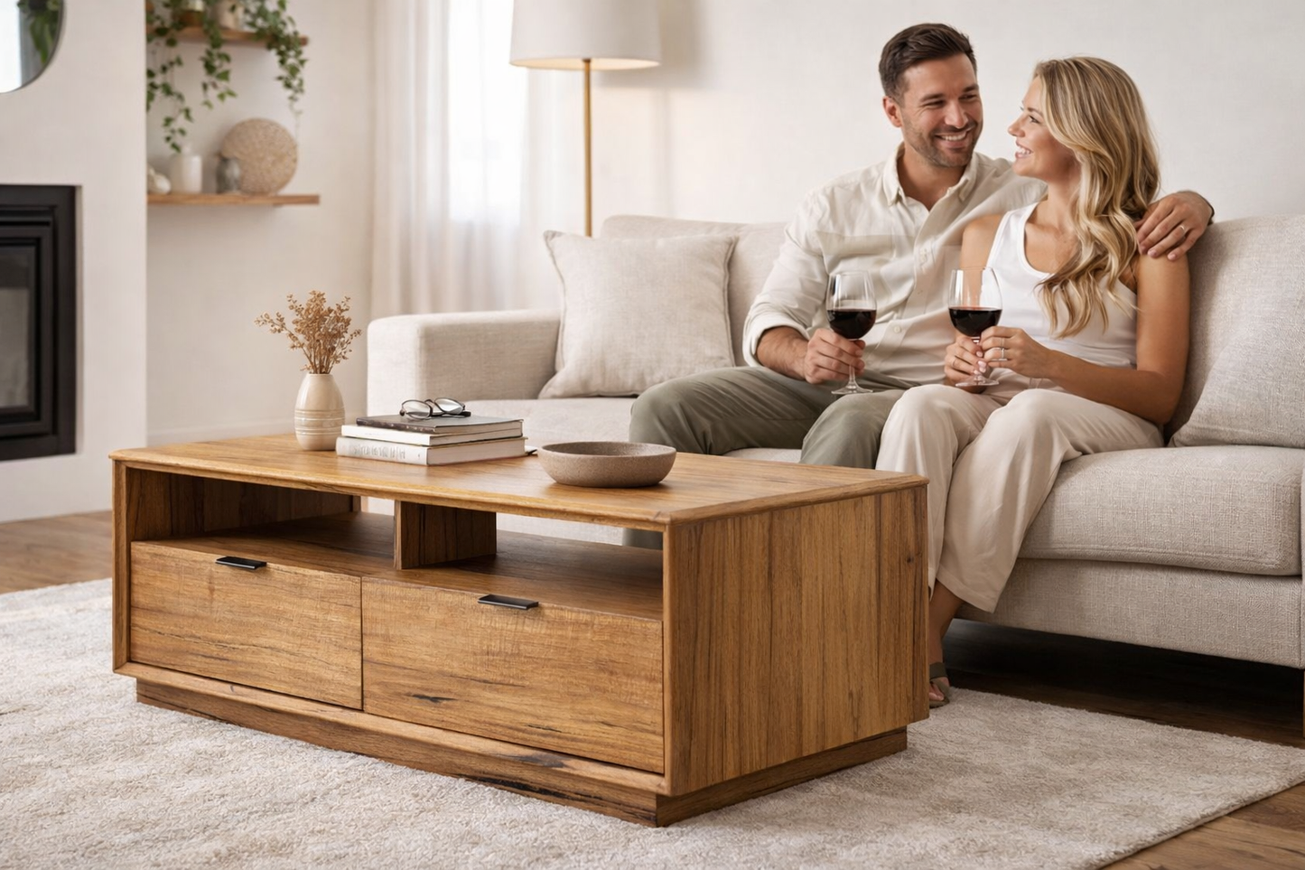 Timber coffee table with couple sitting on a couch in a living room with a .