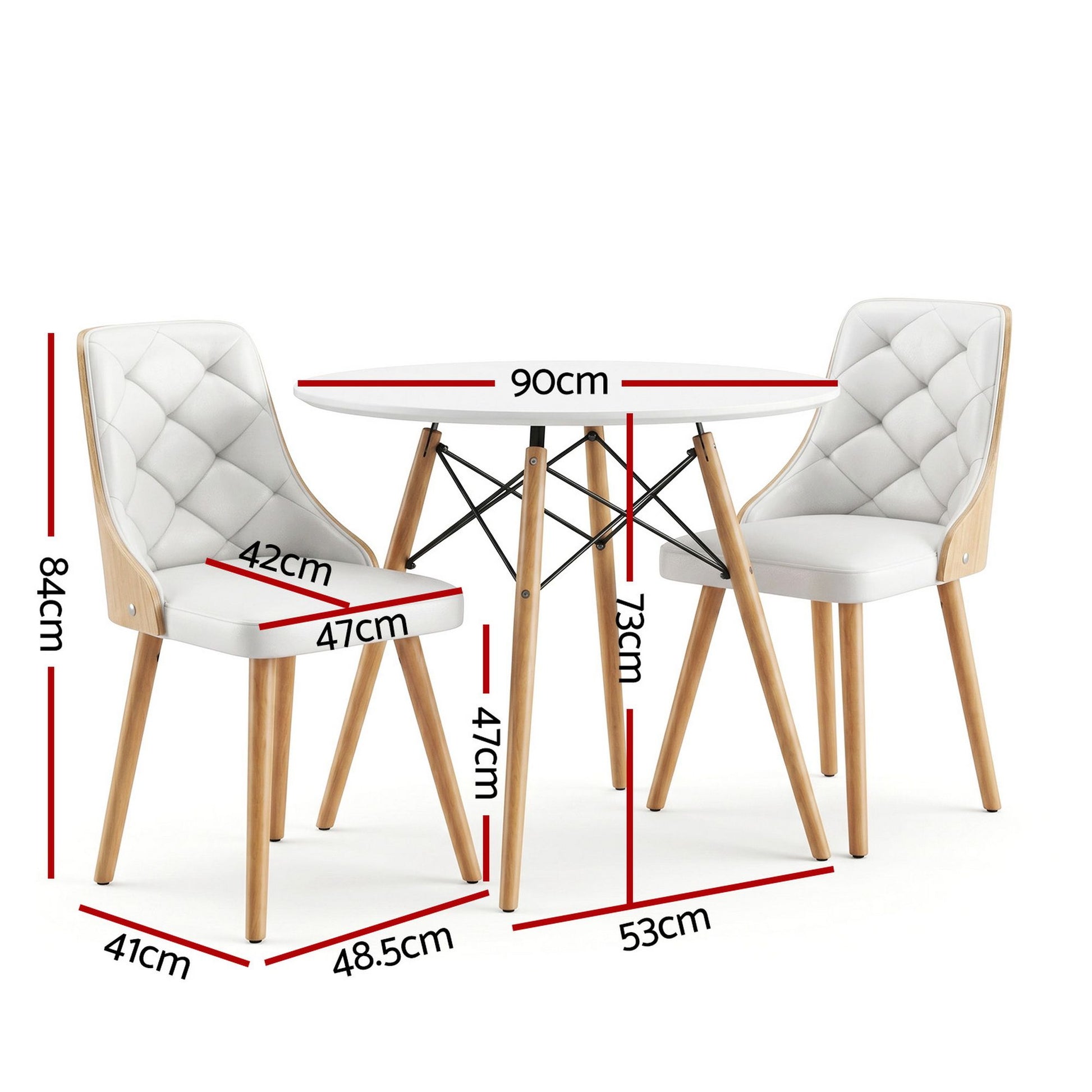Dining table set with chairs and dimensions labeled