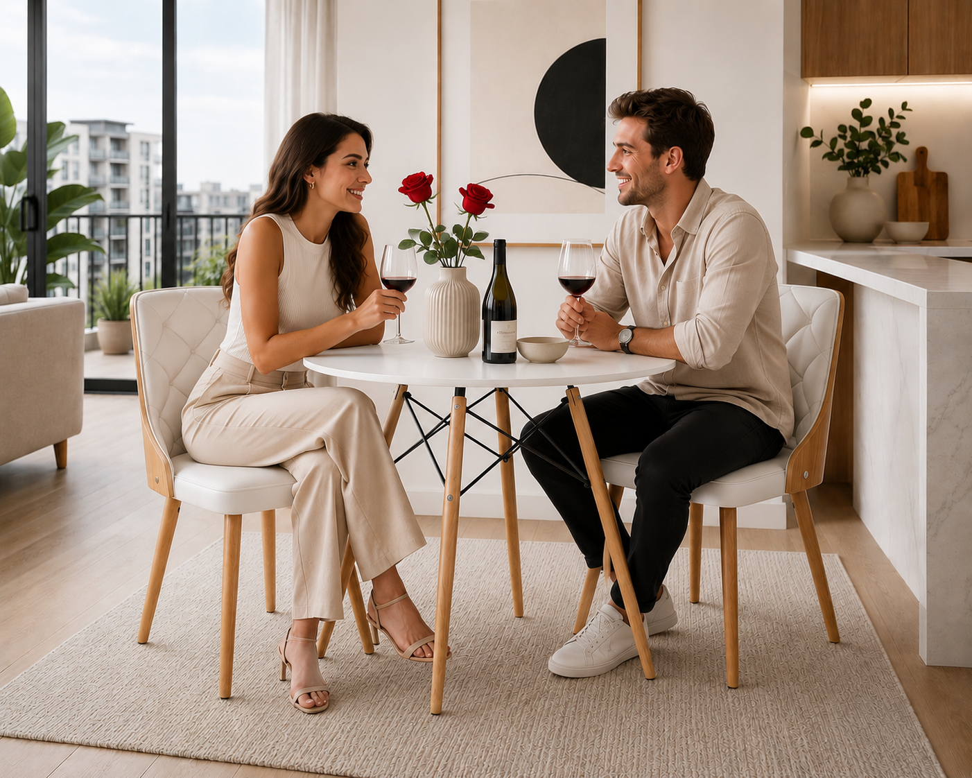 A man and a woman sit across from each other at a small round dining table in a modern apartment, each holding a glass of red wine. A bottle of red wine, a vase with two red roses, and a small bowl sit on the table.