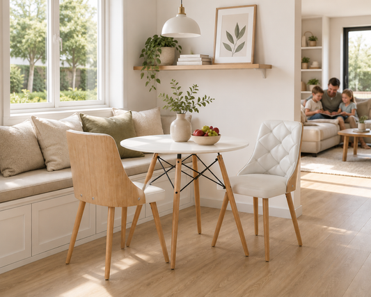 A bright, modern dining nook with a round white table on wooden legs, two chairs (one light wood, one white tufted), a built-in window seat with beige cushions, and a warm neutral living room in the background.