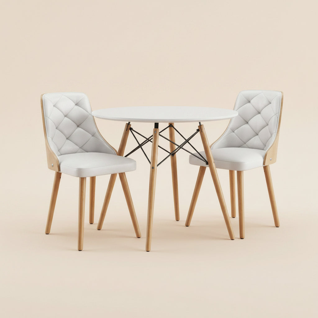 Dining Table with 2 chairs, with beech wood frames and white padded seats