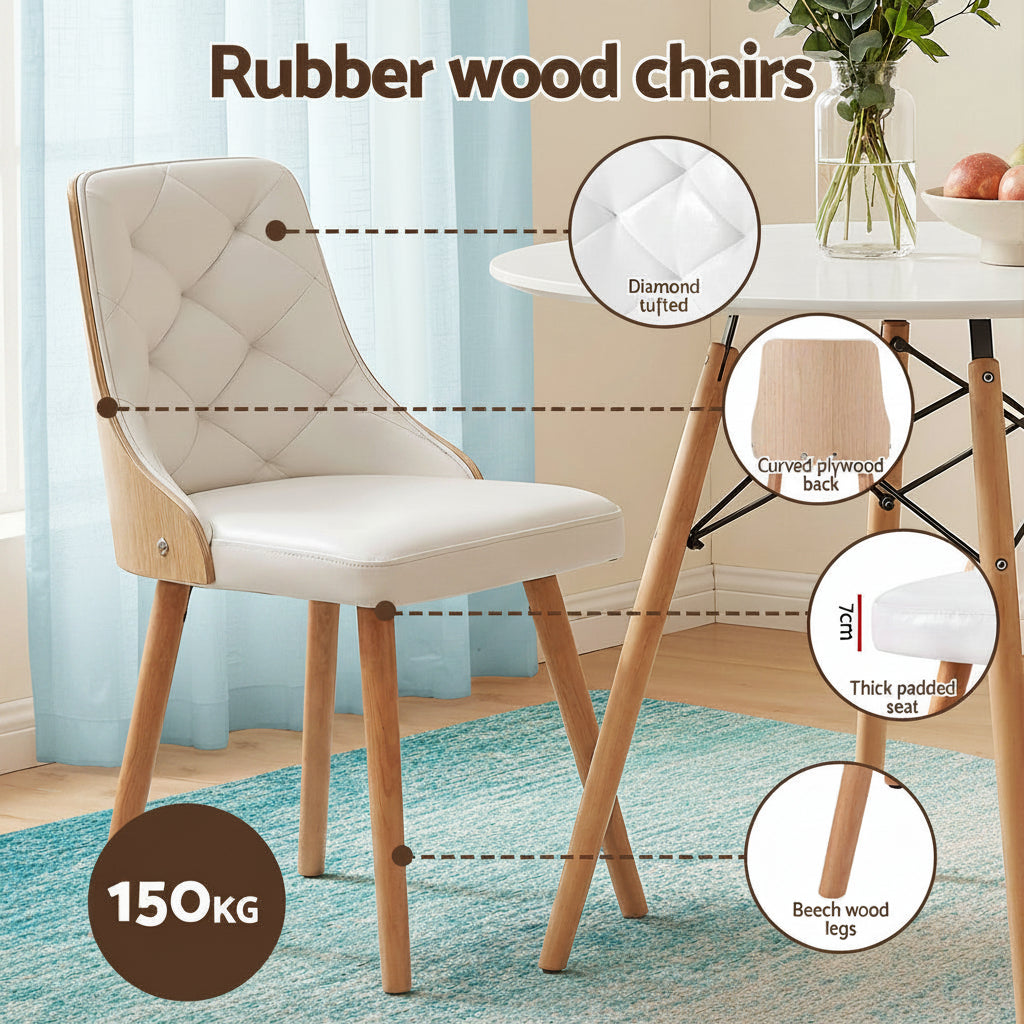 White upholstered chair with wooden frame on a dining table, with product features highlighted.