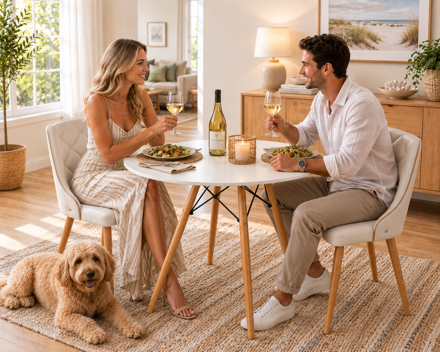 A couple enjoys a romantic dinner at a round white dining table with wooden legs, seated in cream upholstered chairs. A small golden dog lies on a woven rug at their feet.