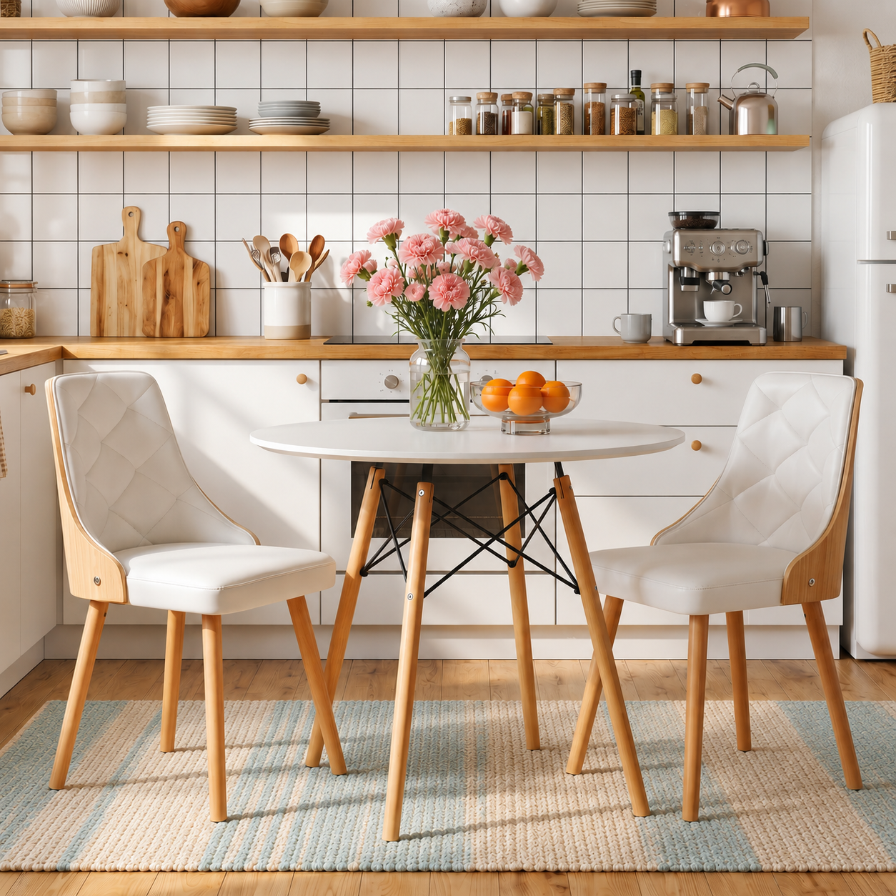 A round white dining table with light wood legs is set in a bright kitchen with two matching upholstered chairs. A vase of pink flowers and oranges sit on the table, with shelves, jars, and kitchen items visible in the background.