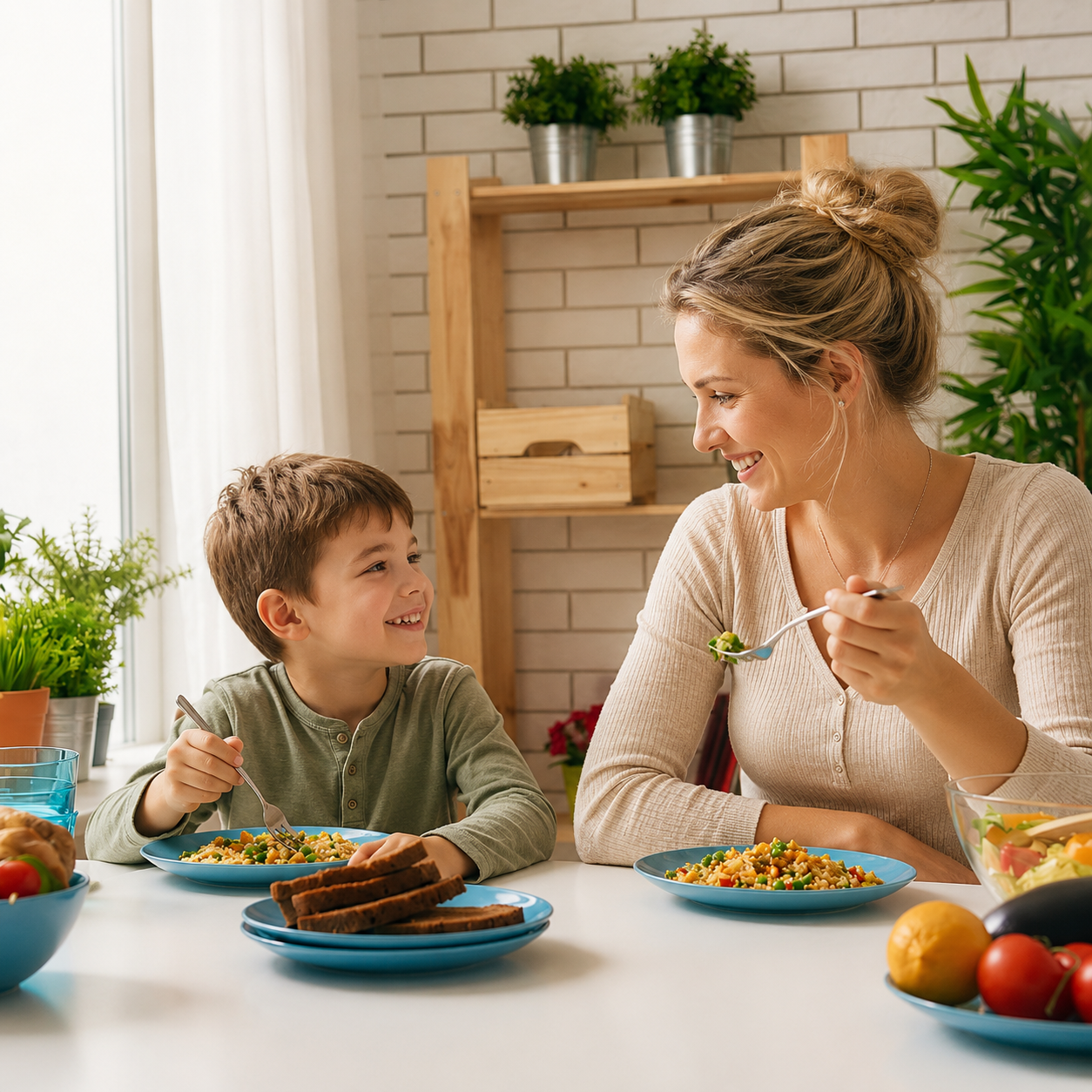 Woman and child have a meal at a white dining table
