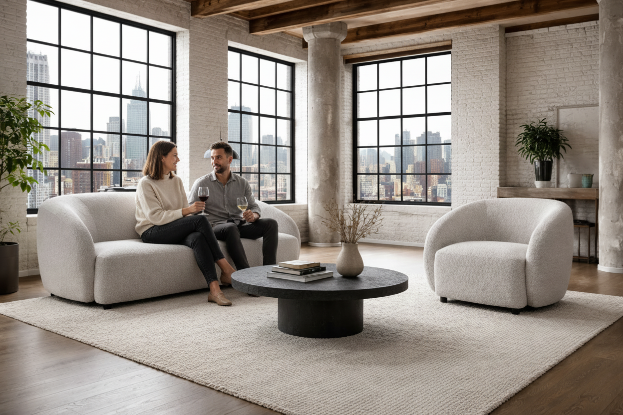 Modern living room with white sofa, armchair, and round coffee table in front of large windows with city view.