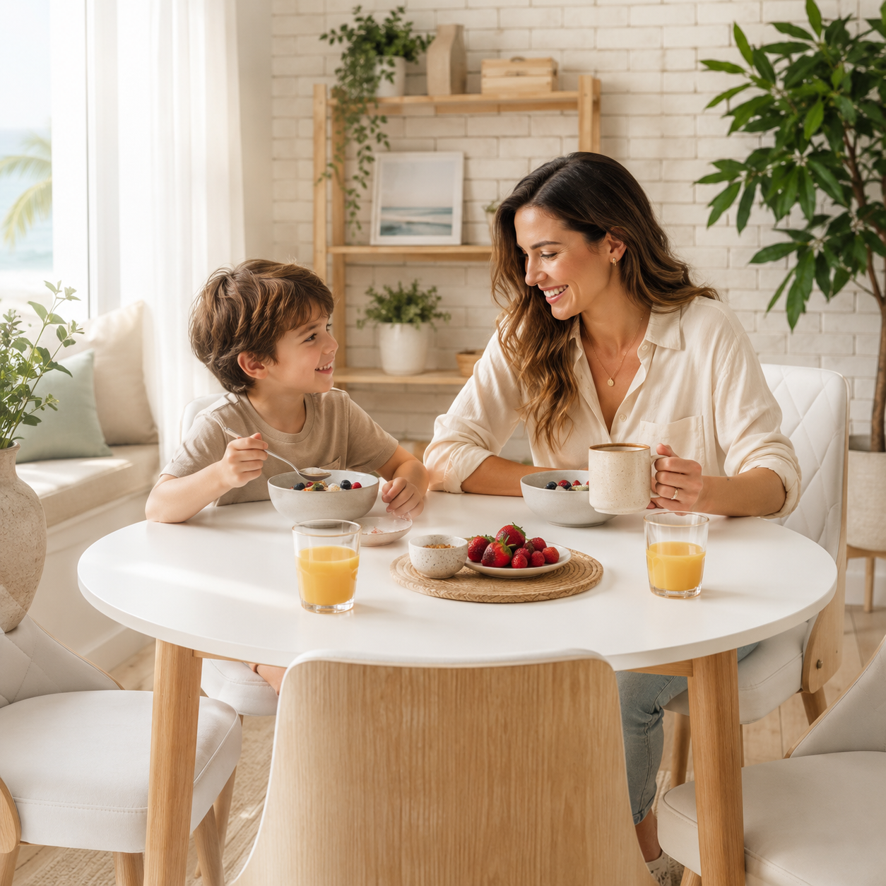 A mother and child having breakfast at a 5 piece dining suite