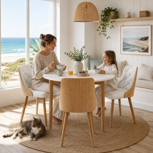 A woman and a child sit at a round white dining table with light wood chairs in a bright coastal dining room. A cat lies on a round jute rug on the floor nearby.
