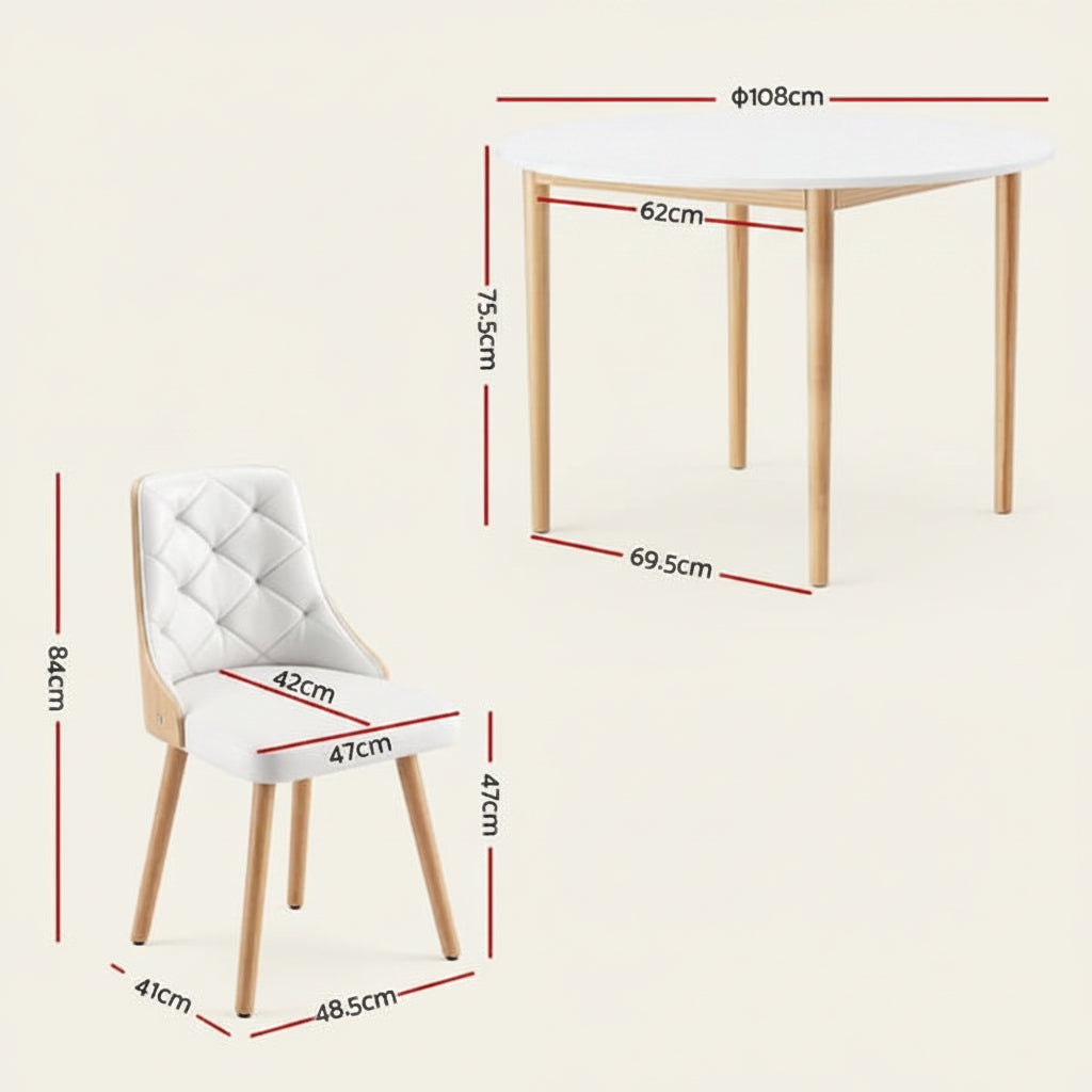 A dining table and matching chair shown with red dimension lines and measurements on a light beige background. The table is white with light wood legs, and the chair has a white tufted cushioned seat and back with light wood legs.