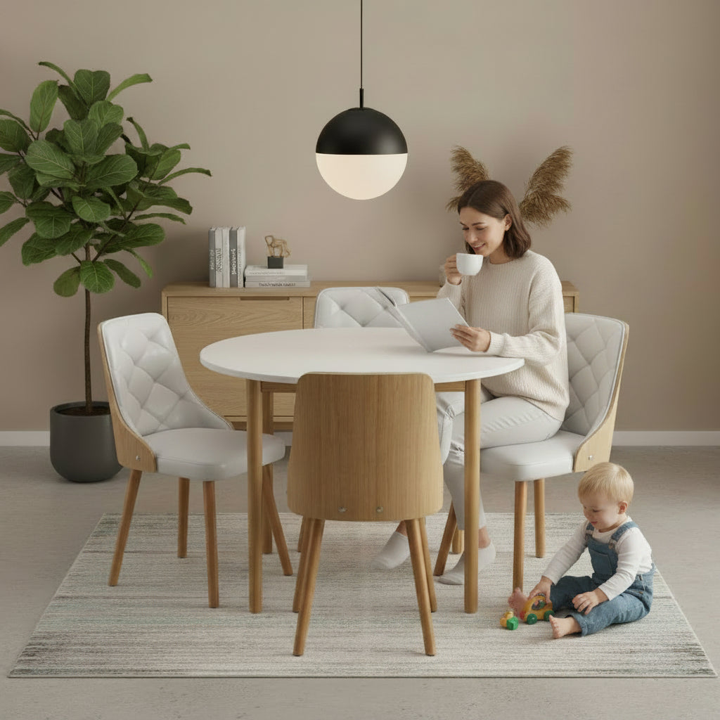 Dining table set with four chairs on a white background