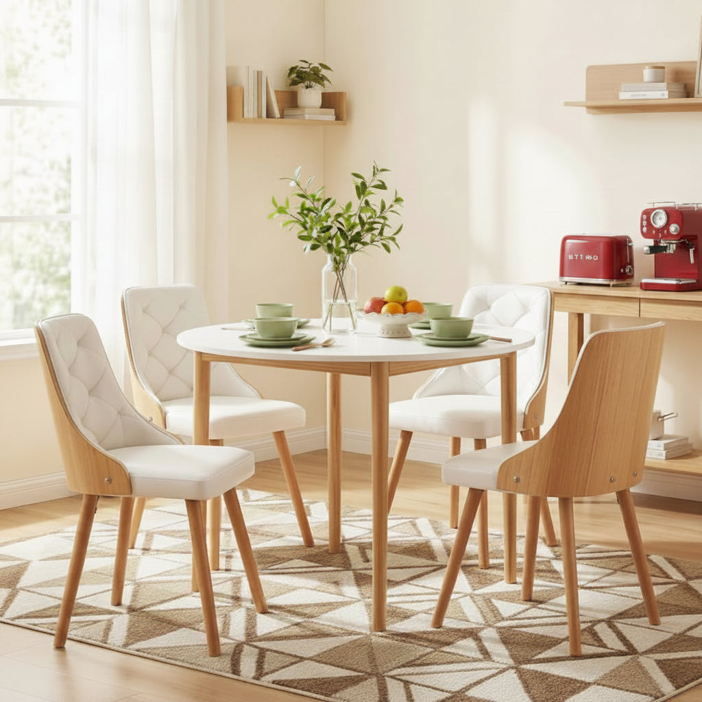 Dining room with wooden table and chairs, fruit on the table, and kitchen appliances.