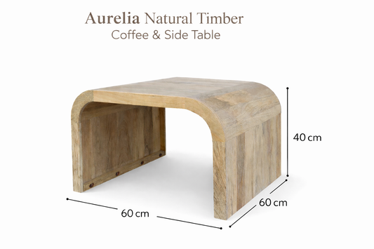 Aurelia Natural Timber Coffee / Side Table | Curved Modern Waterfall Design | 60 x 60 x 40cm