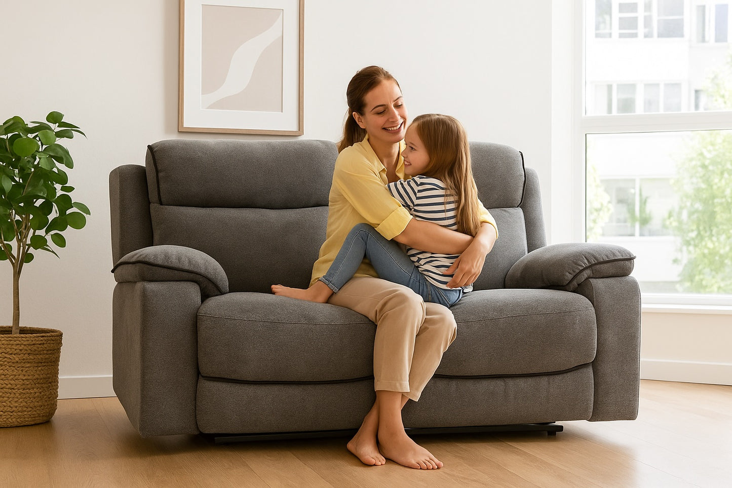 Woman and child sitting on a gray sofa in a bright living room.