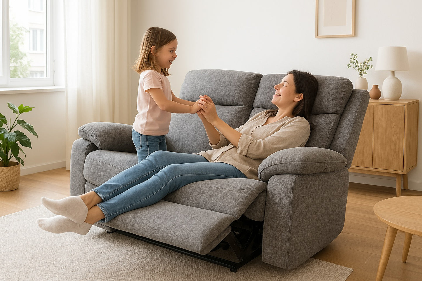 Woman and child sitting on a gray recliner in a bright living room.