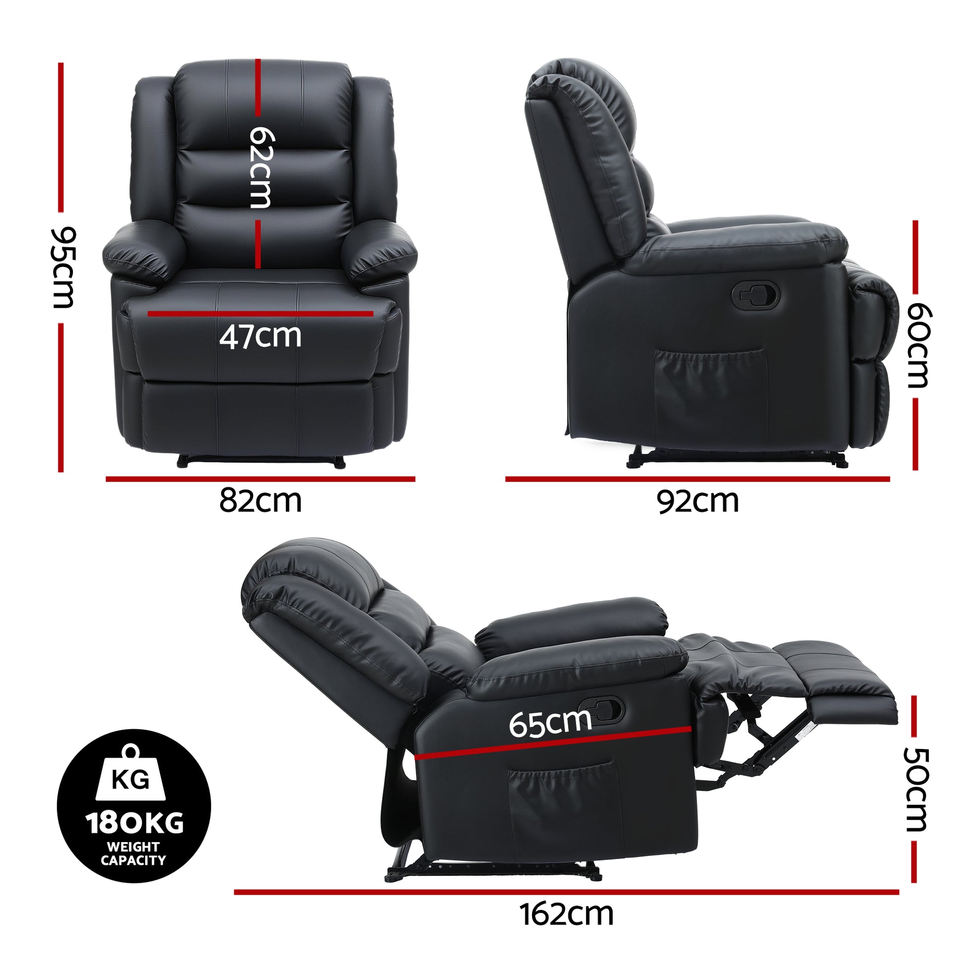 Black recliner chair with dimensions labeled on a white background