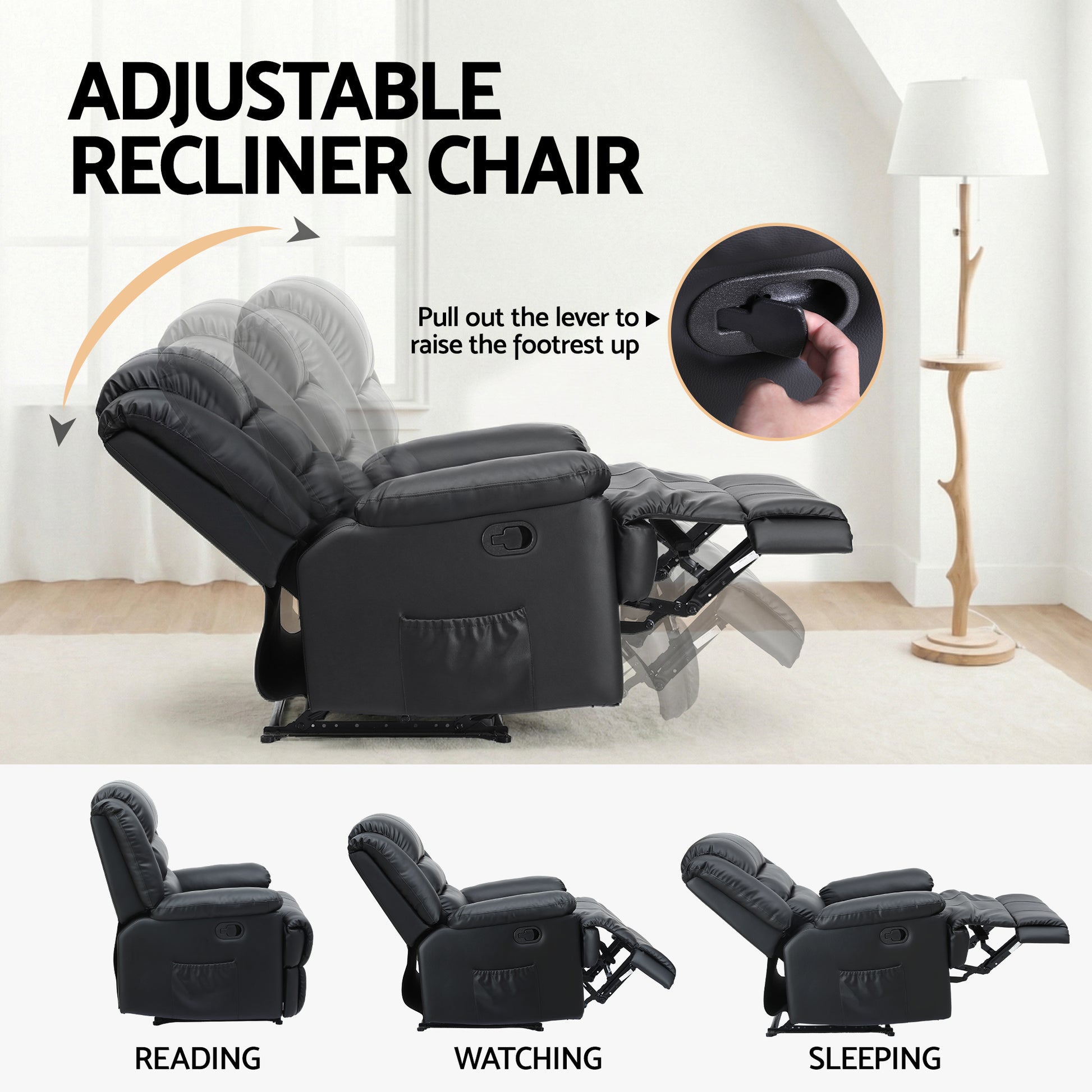 Black adjustable recliner chair with footrest extension feature, shown in a living room setting.