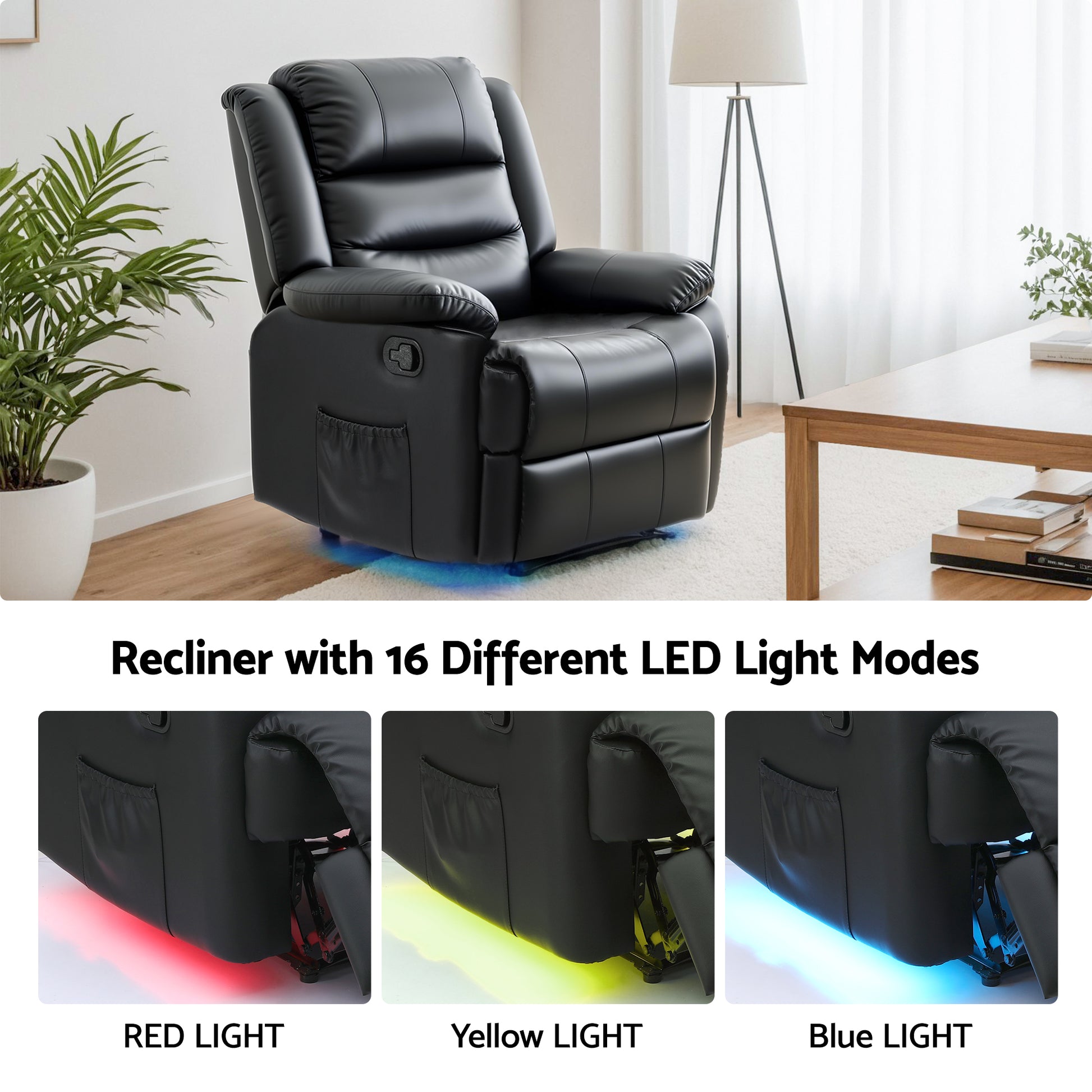 Black recliner chair with LED light modes in a living room setting