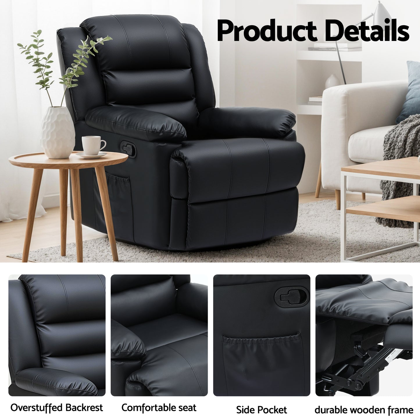 Black Manual Recliner Sofa with LED Lighting Product details