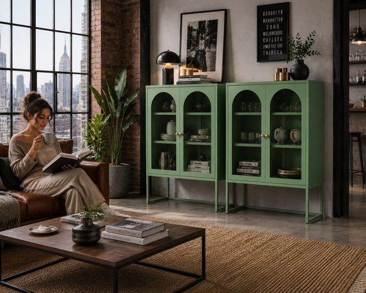 A woman sits in a brown leather armchair by a large window, reading a book. The room features a green two-door cabinet with arched doorframes, styled with books and decorative items, set against a brick wall and modern window backdrop.