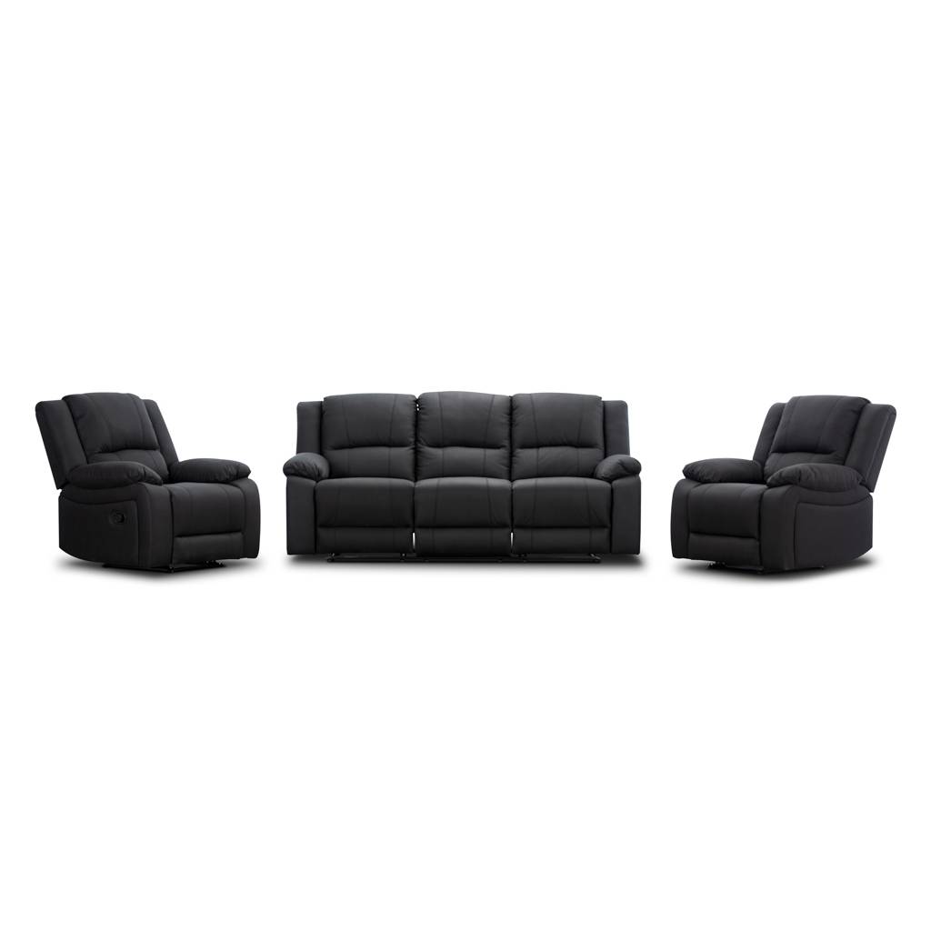 Black leather reclining sofa set on a white background