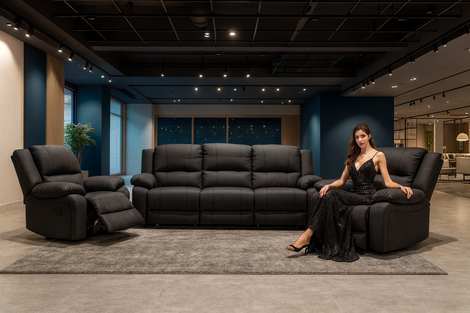 Woman in a black dress sitting on a black recliner in a modern living room.