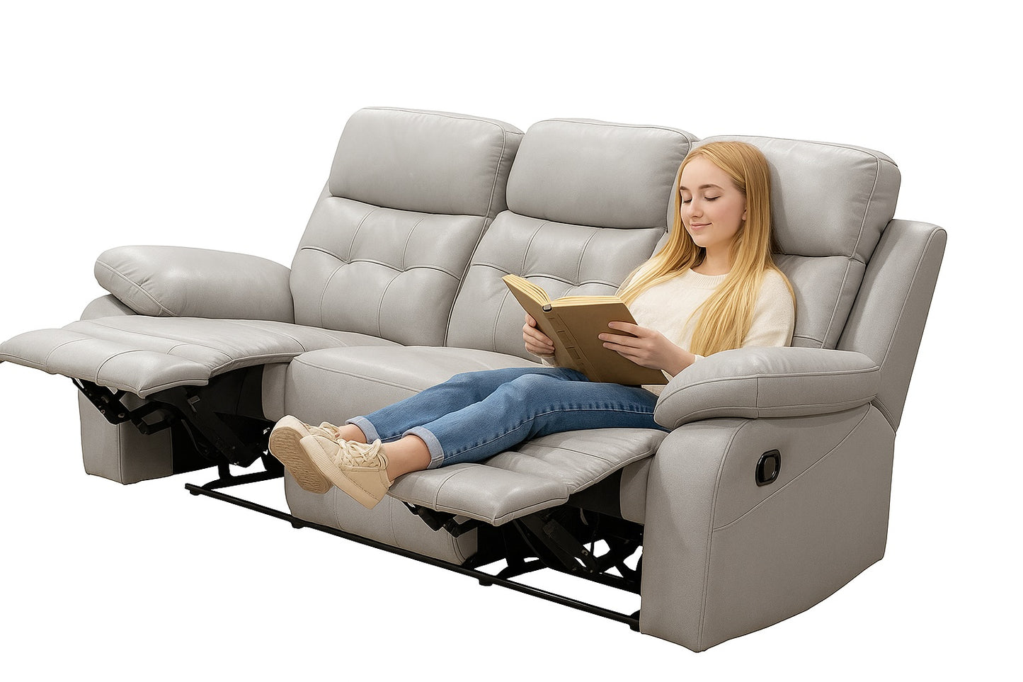 Woman sitting on a recliner reading a book with a white background