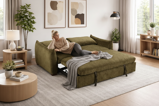 Woman sitting on a green sectional sofa in a modern living room.