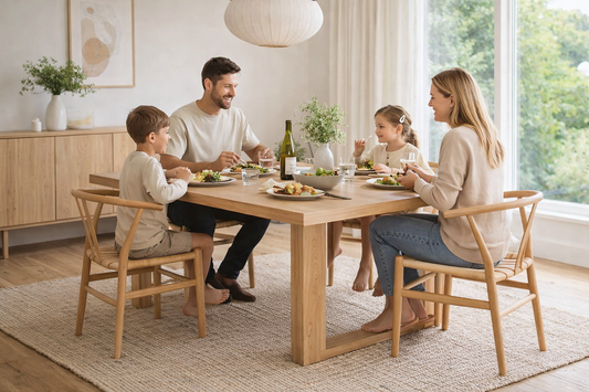 Family of four sitting around a wooden dining table in a bright, modern kitchen.