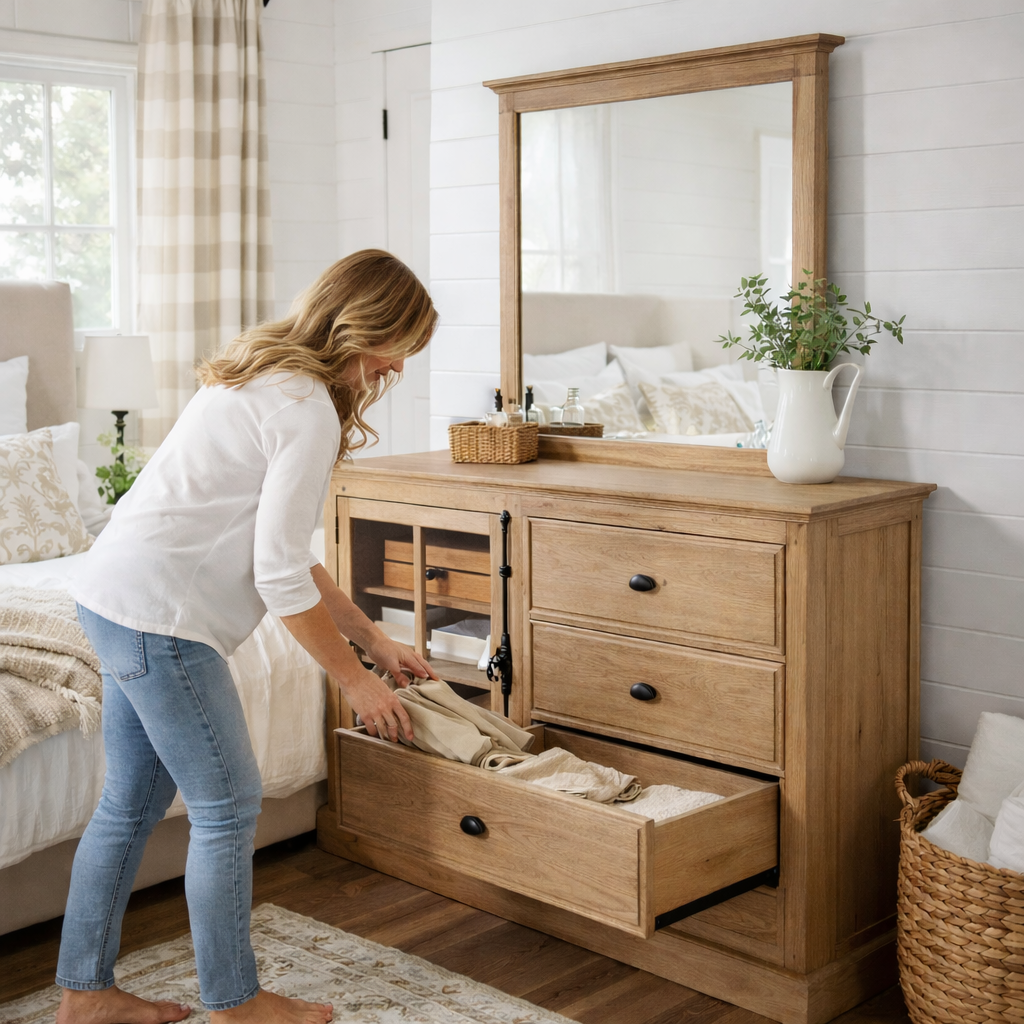 Wooden dresser drawer with mirror  in a bedroom.