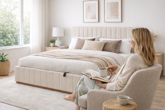 Queen bed in cozy bedroom with woman reading a book in armchair.