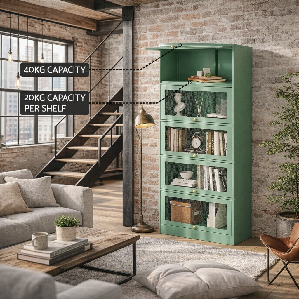 Green bookshelf in a modern living room with brick walls and a staircase.