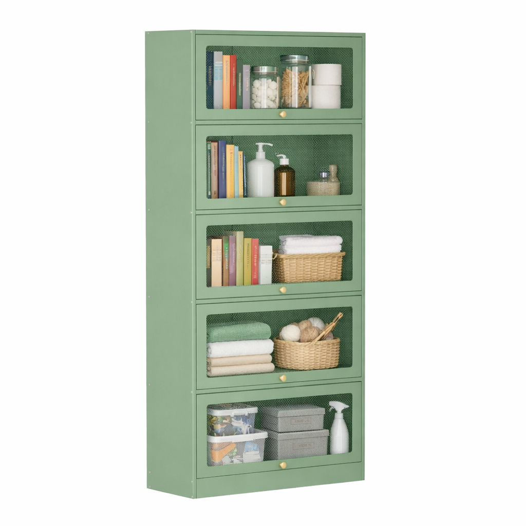 Green storage cabinet with shelves and drawers containing various items 