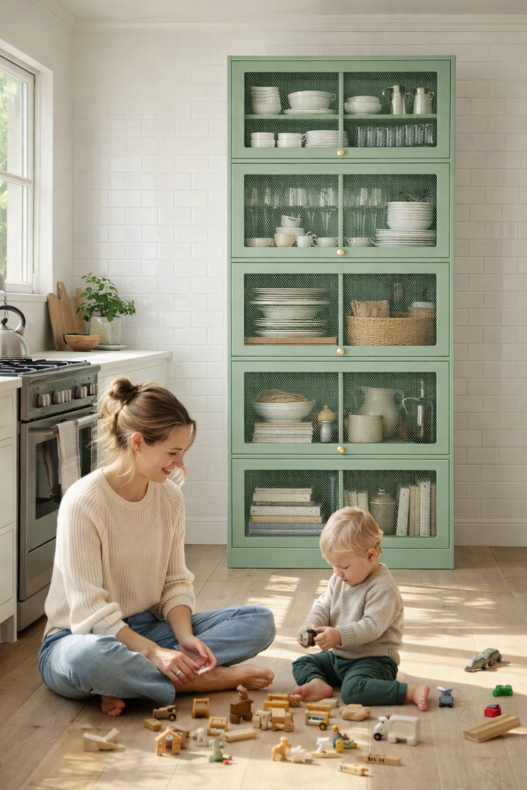 Metal kitchen cabinet with mother and child playing on kitchen floor