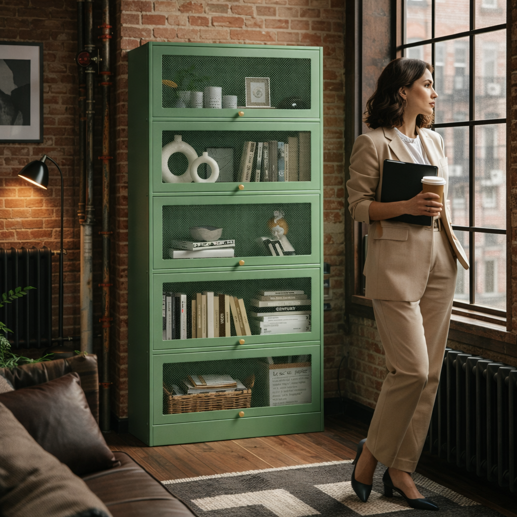 Industrial metal sideboard in New York apartment.
