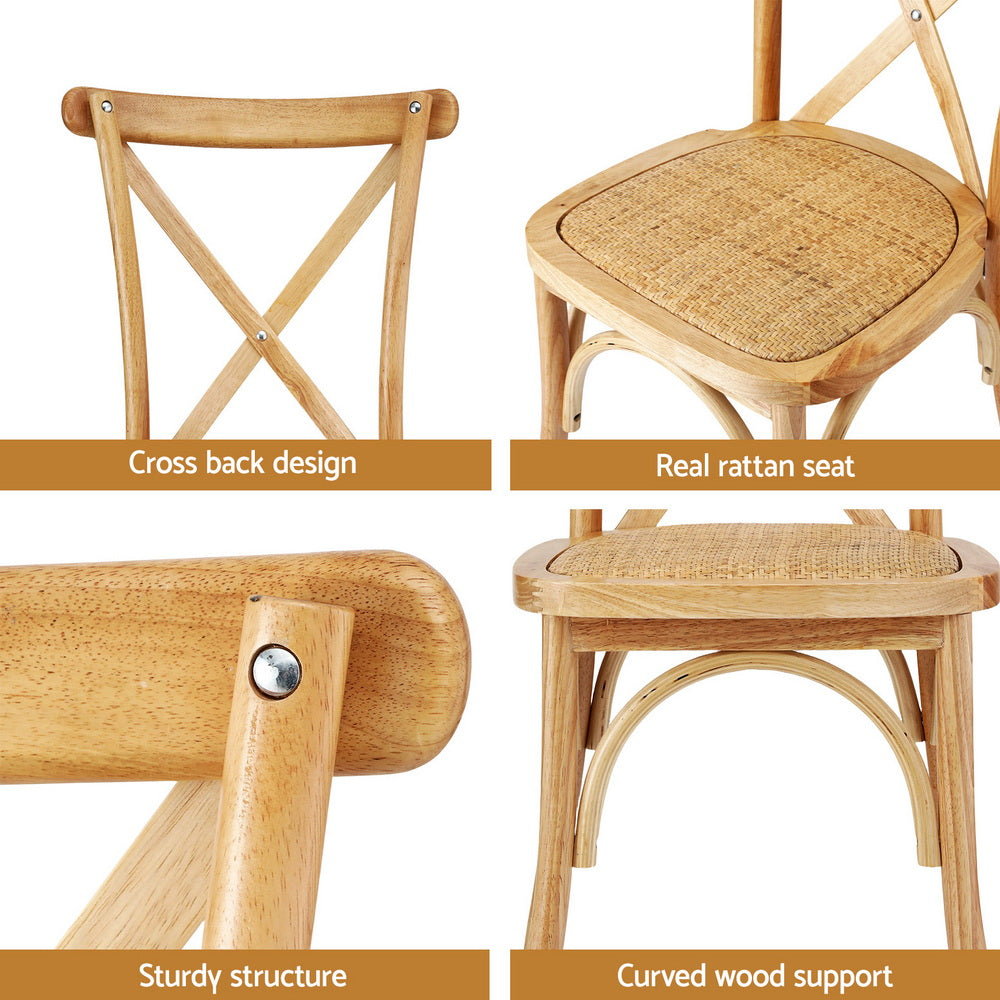 Wooden chair Features including | cross back design, real rattan seat, sturdy structure, and curved wood support .