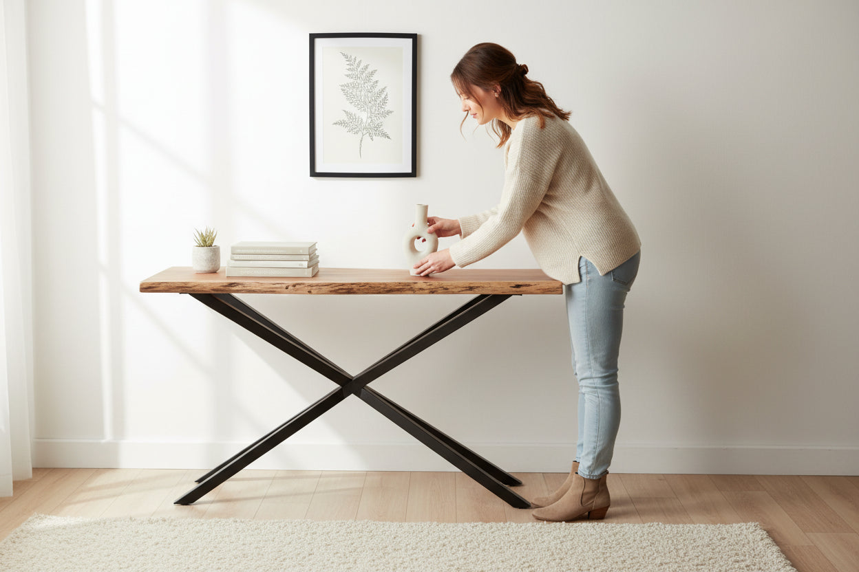 Wooden table with black metal legs on a white background