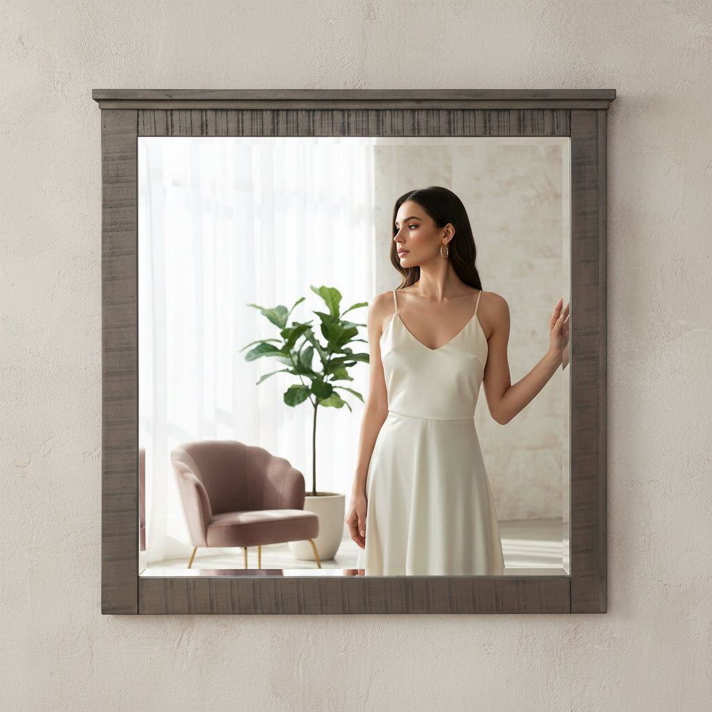 Wooden mirror frame with a white background