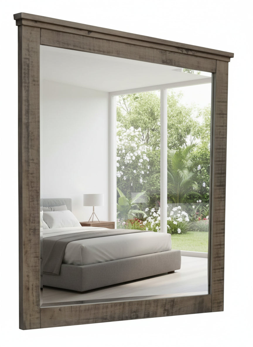 Wooden-framed mirror on a white background