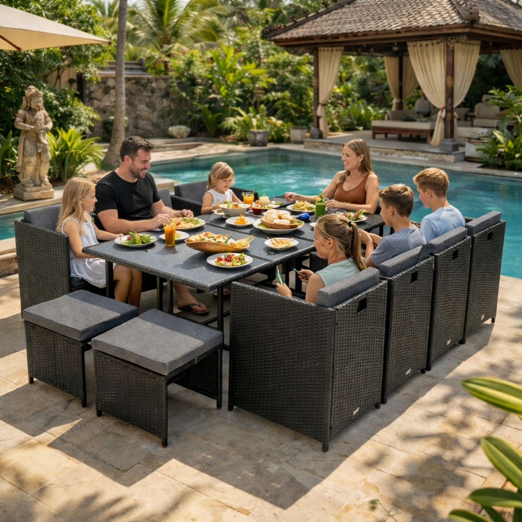 Outdoor dining setting with family enjoying a meal by a pool.
