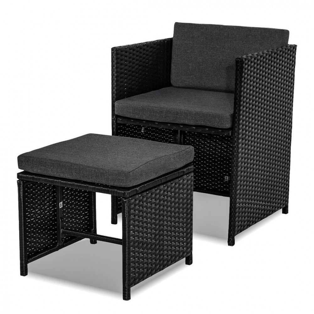 Black wicker chair and ottoman set with gray cushions
