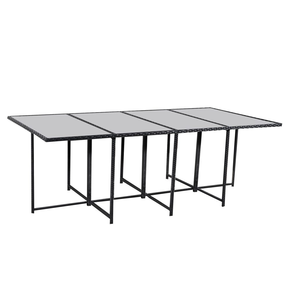 Rectangular outdoor dining table with a metal frame and glass top