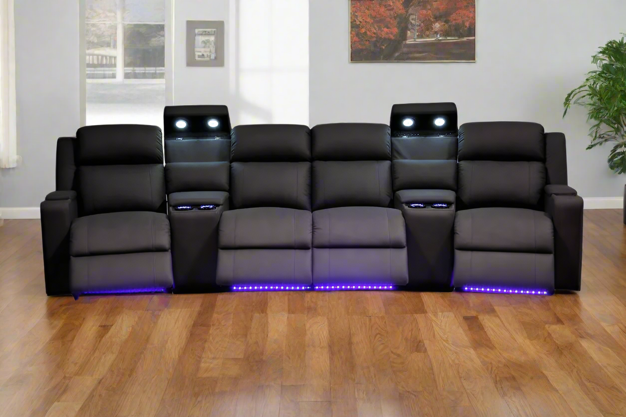 Prestige Home Theatre Recliner Set | 4 Recliners + 2 Consoles | Black Fabric | by Arbor & Elm 1

